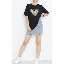 14 Şubat Sevgililer Günü Leopar Kalp Baskılı Oversize Bisiklet Yaka T-shirt - Siyah