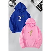 Macklin Sevgili Çift Kombin Çiçekli Tom Ve Jerry Baskılı Özel Tasarım Kapüşonlu Sweatshirt 2li Set Takım Mavi Pembe Mck1187 Çok Renkli
