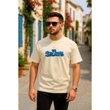 Ön Ve Arka Baskılı Oversize Bisiklet Yaka T-shirt- Beyaz Çok Renkli