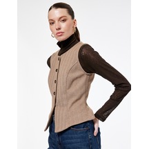 Koton Slim Fit Bisiklet Yaka Düğmeli Desenli Yelek Bej 6wak30111ek Ekru