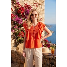 Lela Regular Fit Önden Bağlamalı Volanlı Bayan Bluz 611Fb20064 Oranj