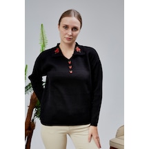 Kadın Polo Yaka Oversize Çiçek Nakışlı Triko Kazak Siyah Siyah