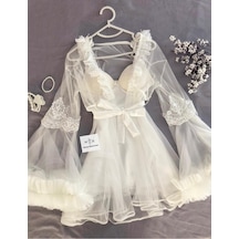 Mh Moony Homewears Ultra Lüks Kutulu Moony Beyaz Saten Gecelik Tül Sabahlık Seti Beyaz