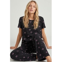 Siyah İnci Bisiklet Yaka Örme Pijama Takım Siyah Pembe Çiçek