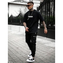 T-shirt - Trust Baskılı Oversize Bisiklet Yaka Kısa Kol Tişört Siyah