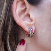 Renkli Zirkon Taşlı Baget Rose Gold Kaplama Gümüş Küpe Gümüş