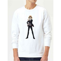 Anime One Piece Commander Baskılı Beyaz Erkek Örme Sweatshirt