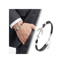 Premium Zirkon Taşlı Çelik Çapa Detaylı Ayarlanabilir Deri Erkek Bileklik 31834b27d1 - 23 Cm Siyah - Gümüş