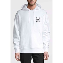 Panda Cool Baskılı Beyaz Erkek Örme Kapşonlu Sweatshirt