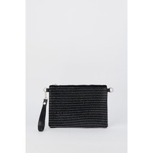Vivaq Kadın Sıralı Gümüş Taşlı Süet Bilek Askılı Ve Zincir Askılı Portföy El Ve Clutch Çanta SİYAH