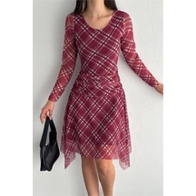 Dipmoda Kadın Mini Boy Desenli Asimetrik Tül Elbise Dpk4162 Bordo