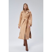 Camel Kuşaklı Uzun Oversize Yünlü Kaşe Kaban A
