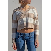 Madmext Bej V Yaka Çizgili Crop Kadın Kazak Mg1441 - Bej