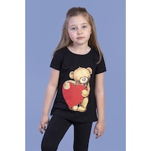 Toontoy Kids Toontoy Kız Çocuk Kalpli Ayıcık Baskılı Taş İşlemeli Tişört Siyah