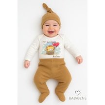 Babyden's Teyzesinin Aslanı 3 Lü Bebek Takımı %100 Pamuk Fitilli Kumaş Uzun Kollu Zıbın, Patikli Alt, Bere Set Açık Kahverengi