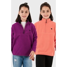 Lela Yumuşak Dokulu Fermuarlı Dik Yaka Şardonlu 2'Li Paket Çocuk Polar 5905002S2 Mor-Somon