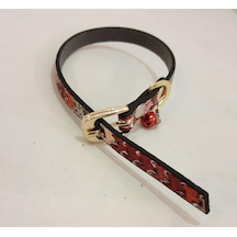 Kırmızı Kilim Desen Derili 1 CM Zilli Tasma