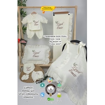 Gros Shop Müslin Yeni Doğan 4katlı Organik %100pamuk Kişiye Özgü Nakışlı Hastane Çıkış Seti İkili Dal Model-5 Ekru-1