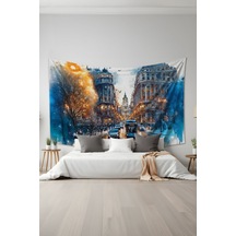 Kış Şehir Manzarası Desenli Duvar Halısı Duvar Örtüsü Tapestry Süet Dokulu Kumaş