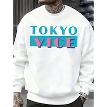Startmore Tarzsokak Tokyo Vice Büyük Harfli Baskılı Sweatshirt Erkek Polar Bol Moda Sokak Giyim O-yaka Sonbahar K Beyaz
