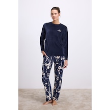Anıl Man11536-1020 Anil Ev Giyim Anil Kadın Uzun Kollu Kadife T-shirt Ve Çiçek Desenli Pantolon Pijama Takımı 11536 Lacivert