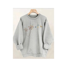 Herkesemoda Çiçek Baskılıı Bisiklet Yaka İçi Polarlı Sweatshirt Gri