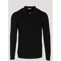 Erkek Polo Yaka Triko Siyah Slim Fit Yarım Fermuarlı Balık Sırt Desenli Pamuklu Kazak Ncs Jeans 3006-siyah Siyah