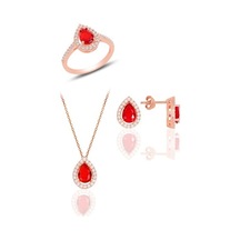 Gümüş Rose Kırmızı Taşlı Damla Modeli Üçlü Set Gümüş Rose Kırmızı Taşlı Damla Modeli Üçlü Set