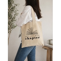 Lunora Collection Just One More Chapter Baskılı Gabardin Bez Çanta. Açık Krem