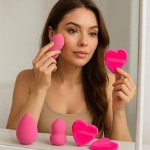 Pembe 5 Adet Güzellik Makyaj Süngeri Seti 3 Adet Sünger + 2 Adet Kalpli Pudra Fondöten Bb Krem Uygulama Aparatı Yıkanabilir Sünger -puff Çok Renkli
