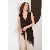 Verymoda Sıfır Kol Etek Ucu Dantel V Yaka Bluz D2993 Kahve