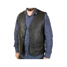 Hakiki Deri Siyah Oscar Düğmeli Erkek Deri Yelek Siyah