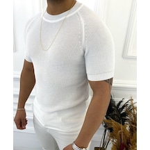 Örme Triko Tişört Kısa Kollu Triko Slim Fit Dar Kesim T-shirt Beyaz