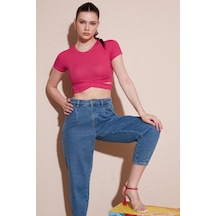 Lela Fitilli Bel Detaylı Kısa Kollu Dar Kesim Crop Bayan Bluz 5864211 Fuşya