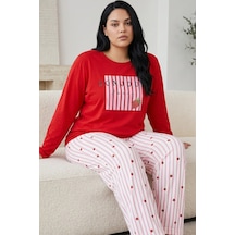 Siyah İnci Pamuklu Likralı Büyük Beden Battal Boy Örme Pijama Takım 26240906 Kırmızı