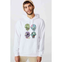 Zombie 4 Head Baskılı Beyaz Erkek Örme Kapşonlu Sweatshirt