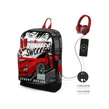 Coral High Kids Siyah Kırmızı Anime Araba Desenli Dört Bölmeli Usb'li Okul Sırt Çantası 23847