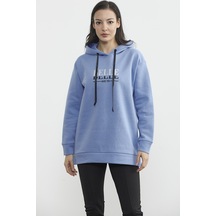 Kapüşonlu İçi Pamuklu Kalın Sweatshirt - Mavi Ekru