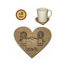 Kalpli Ahşap Bardak Altlığı 2 Lı Set Sevgililere Bardak Altlığı S Kahverengi