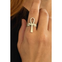 Ankh Sembollü Metal Yüzük Unisex Ayarlanabilir Gümüş - Gri