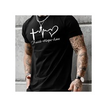 Caddemia Yaz Aşk İnanç Grafik Baskılı Moda Rahat Gevşek Yuvarlak Yaka Kısa Kollu Ti Siyah 2XL