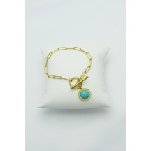 Altın Kaplama Seri Kararmaz Turkuaz Taşlı Roma Rakamlı Çeli Gold Altın