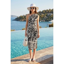 Lela Desenli Slim Fit Midi Boy Tek Omuzlu Bayan Elbise 5866202 Siyah-Beyaz