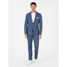 Cacharel İndigo Slim Fit Keten Yün Karışımlı Mikro Desen Mono Yaka Takım Elbise Mavi