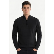 Sabri Özel Erkek Siyah Dar Kesim Slim Fit Dokulu Örme Fermuarlı Yarım Balıkçı Yaka Triko Kazak
