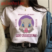 Noıssey Kırmızı Etiket Galashop Kimetsu No Yaiba Komik Karikatür T-shirt Mod27 17936 Beyaz
