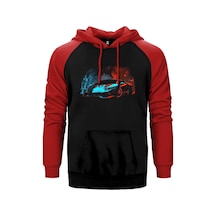 Lamborghni Blue Red Neon Kırmızı Renk Reglan Kol Kapşonlu Sweatshirt Kırmızı