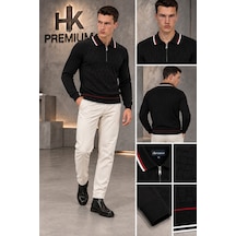 Hk Premium Erkek Fermuarlı Polo Yaka Sepet Dokulu Triko Kazak Siyah