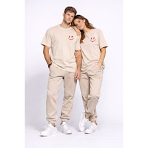 Sevgili Kombini Çift Tişört Oversize Unisex Uyumlu Çift Kombin 2' Bej