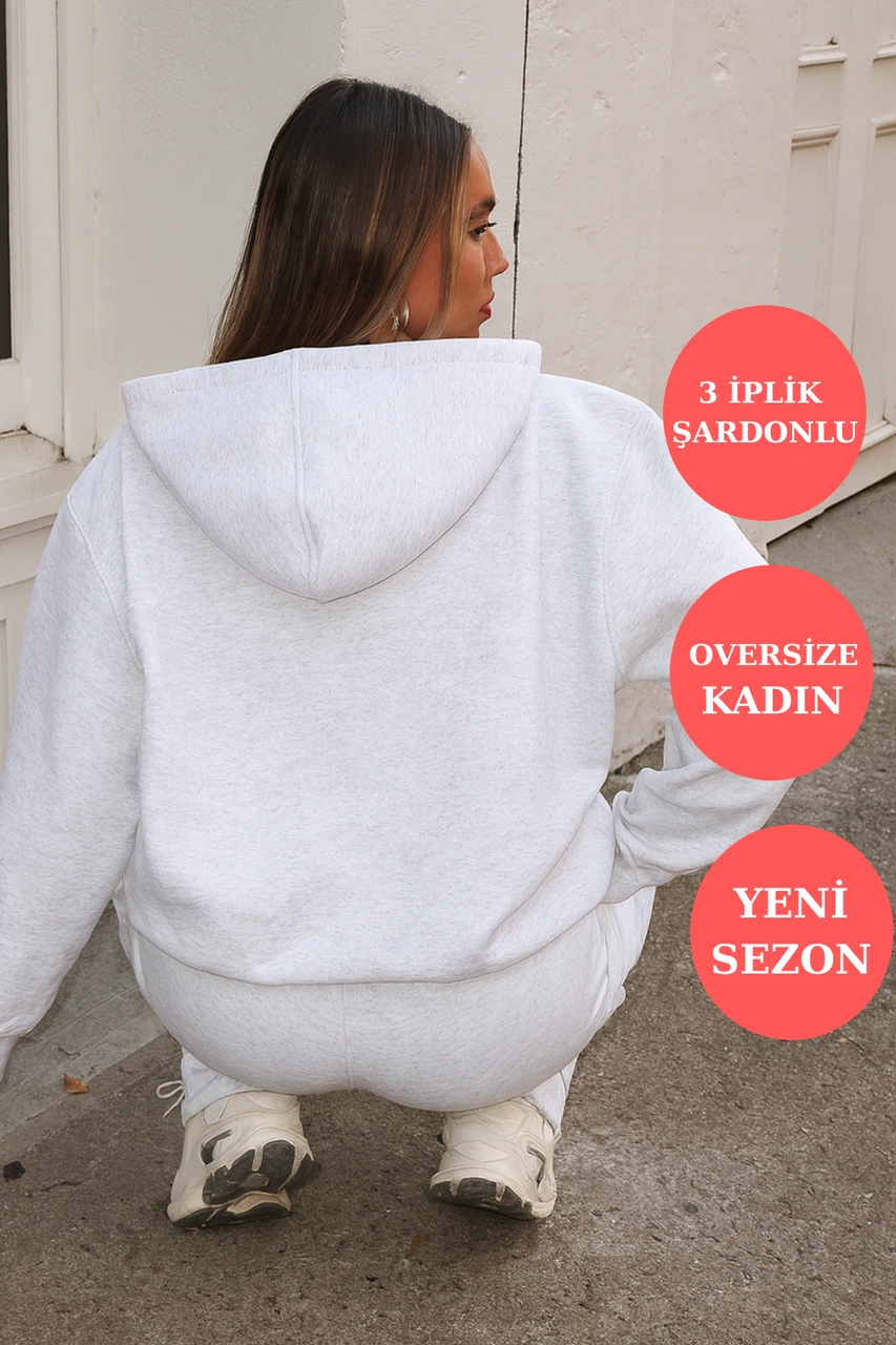 Q-4008 Kapüşonlu Üç İp Şardonlu Sweat Beyaz